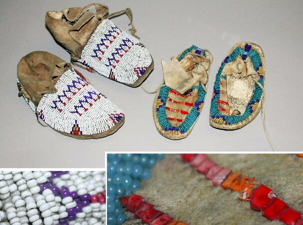 Lot image - Two Pairs of Plains Beaded Hide Childs Moccasins