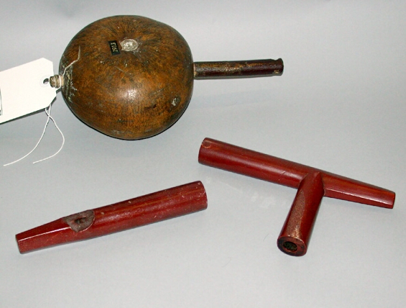 Lot image - Two Plains Catlinite Pipe Heads Together with a Southwest Gourd Rattle