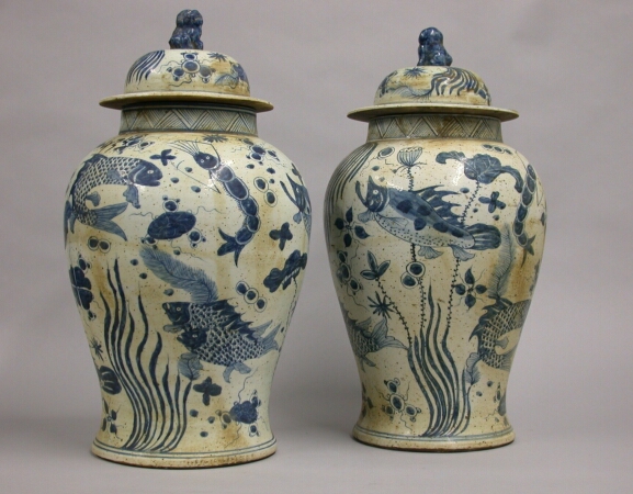 Lot image - Pair of Chinese Blue and White Porcelain Ginger Jars
