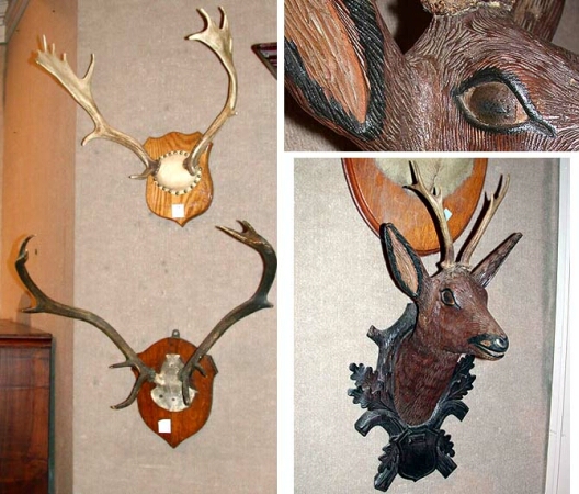 Lot image - Pair of Mounted Antlers Together with a Carved Painted Wood Deer Head
