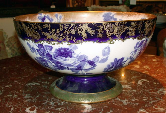 Lot image - Doulton Burslem Gilt Decorated Blue and White Porcelain Footed Bowl