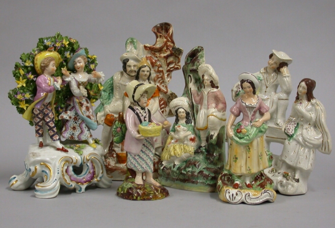 Lot image - Miscellaneous Group of Staffordshire Pottery Figural Groups and Spill Vases Together with a Continental Porcelain Figural Group