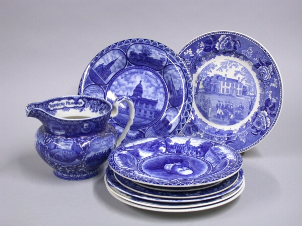 Lot image - Group of Eight English Blue and White Pottery Souvenir Plates and Pitcher