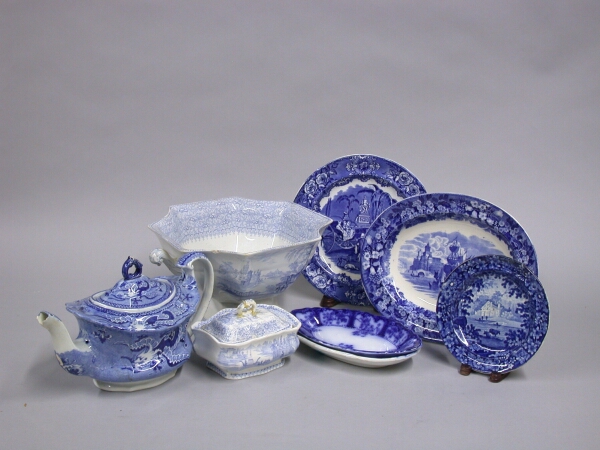 Lot image - Miscellaneous Group of Staffordshire Blue and White Transfer Decorated Pottery Articles