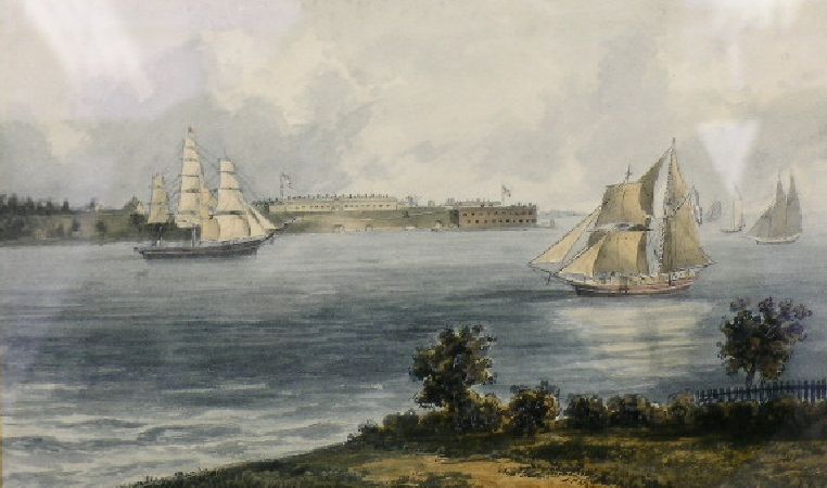 Lot image - John Perry Newell American, 1832-1909 FORTS HAMILTON AND LAFAYETTE, THE NARROWS, NEW YORK, FROM STATEN ISLAND