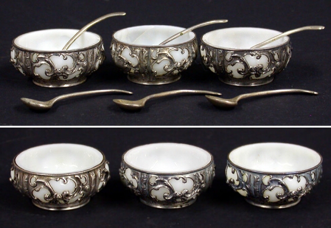 Lot image - Set of Twelve Sterling Silver and Glass Salts Together with an Assembled Set of Twelve Sterling Silver Salt Spoons