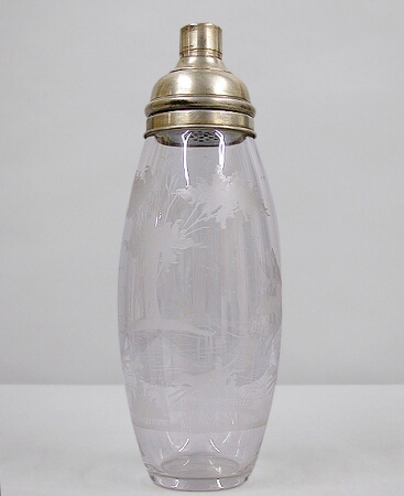 Lot image - Hawkes Sterling Silver Mounted Etched Glass Cocktail Shaker