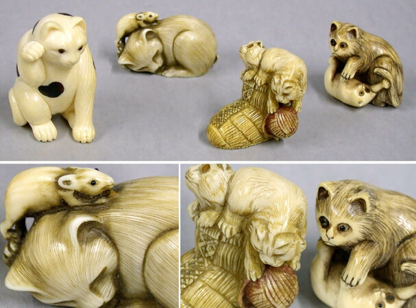 Lot image - Group of Four Cat-Form Netsukes