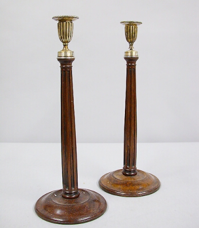 Lot image - Pair of Georgian Style Mahogany and Silver Plated Candlesticks