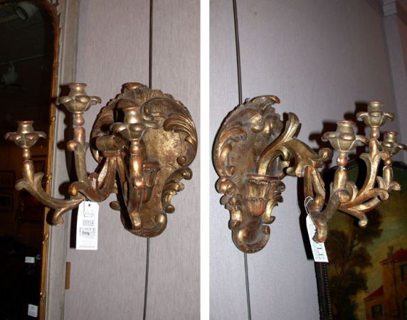 Lot image - Pair of Continental Baroque Style Gilt-Wood Three-Light Sconces