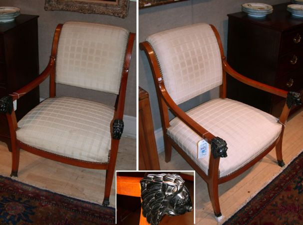 Lot image - Pair of Continental Neoclassical Fruitwood and Ebonized Fauteuils
