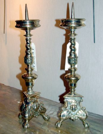 Lot image - Pair of Continental Baroque Brass Pricket Candlesticks