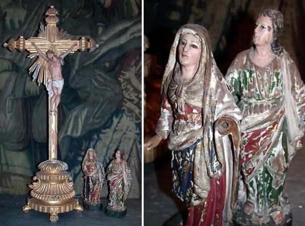 Lot image - Pair of Colonial Polychrome and Gilt Decorated Figures of a Female and Male Saint; Together with a Continental Polychrome and Gilt Decorated Crucifix.