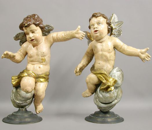Lot image - Pair of Continental Polychrome Decorated Figures of Winged Angels