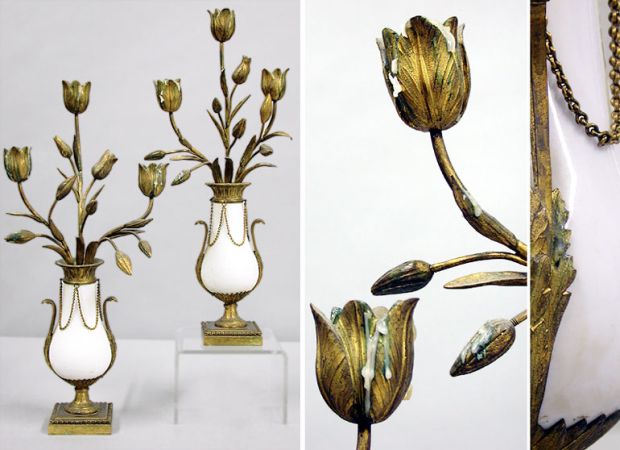 Lot image - Pair of Louis XVI Style Gilt-Bronze and Porcelain Three-Light Candelabra