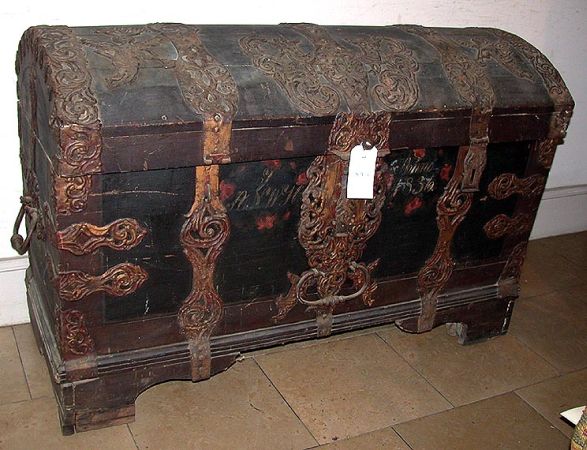 Lot image - Continental Baroque Wrought Iron Bound Painted Pine Trunk