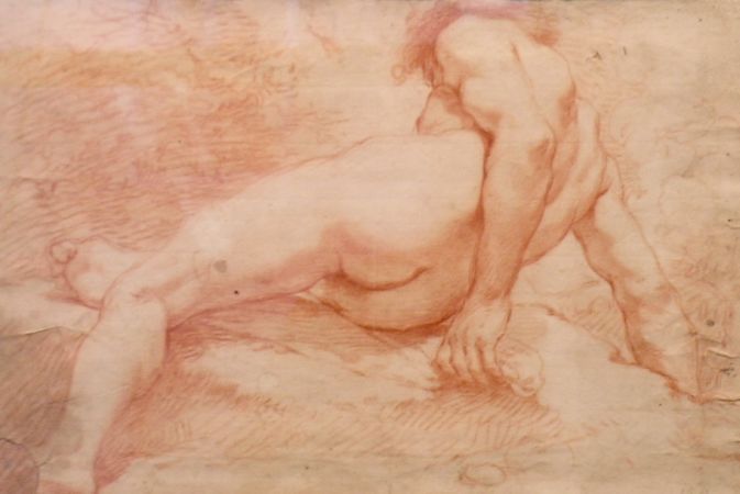 Lot image - Attributed to Ubaldo Gandolfi MALE NUDE   Red chalk drawing