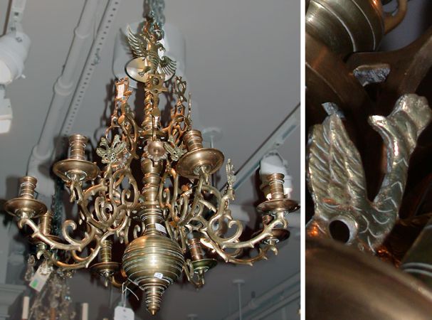 Lot image - Continental Baroque Brass Eight-Light Chandelier