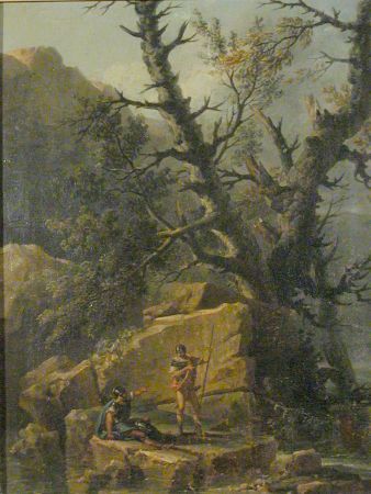Lot image - Circle of Salvator Rosa LANDSCAPE WITH TREE AND TWO SOLDIERS IN ROMAN DRESS   Oil on canvas 18 1/2 x 14 inches (46.9 x 3...