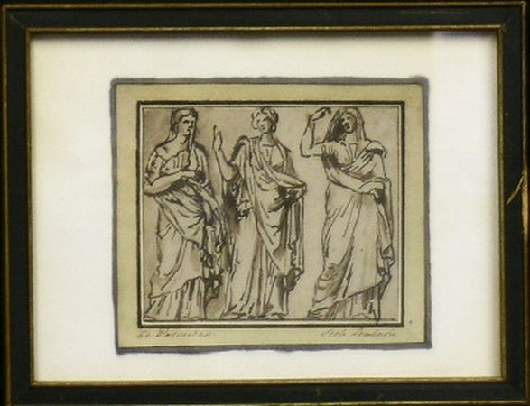 Lot image - Lombard School THREE FIGURES Inscribed Le Parmesan (ll) and Ecole Lombard (lr) Pen and brown ink 3 3/4 x 4...