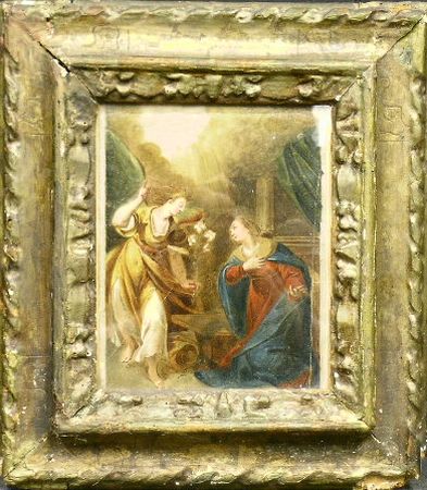 Lot image - Italian School 17th Century ANNUNCIATION   Inscribed Baracoio on the backing and ibeqirn vetri on the stretc...