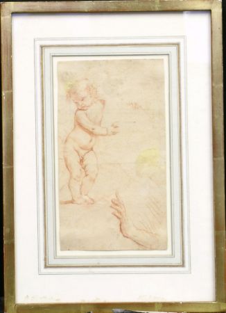 Lot image - Italian School 18th Century STUDY OF A PUTTO AND HAND   Red chalk on paper 8 1/4 x 5 3/4 inches (20.9 x 14.6 cm.)