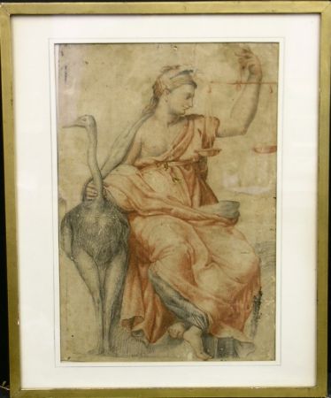 Lot image - Follower of Giulio Romano ALLEGORICAL FIGURE OF JUSTICE   Red and black chalk on paper 15 x 10 inches (38.1 x 25.4 cm.)