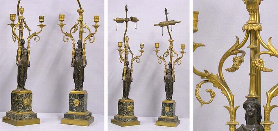 Lot image - Pair of Empire Style Gilt and Patinated-Bronze Two-Light Candelabra