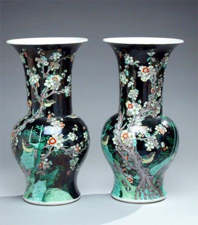 Lot image - Pair of Chinese Famille Verte Style Porcelain Vases