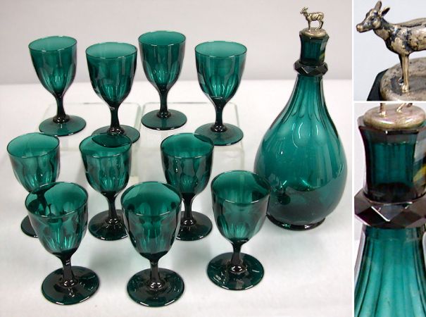 Lot image - Set of Ten English Green Glass Stem Glasses and Decanter