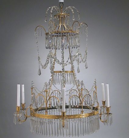 Lot image - Baltic Neoclassical Gilt-Bronze Blue and Cut Glass Six-Light Chandelier