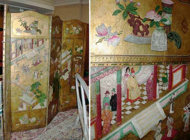 Lot image - Continental Painted Leather Four-Panel Screen