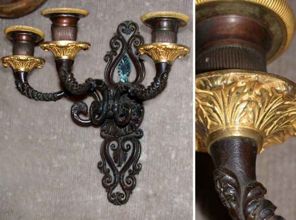 Lot image - Pair of Empire Gilt and Patinated-Bronze Three-Light Sconces