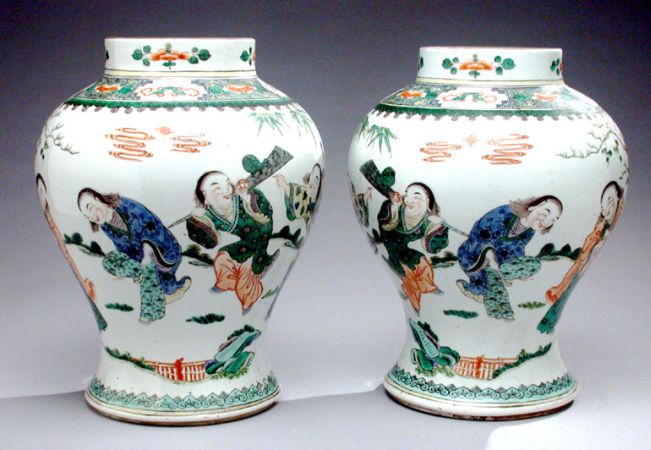 Lot image - Pair of Chinese Famille Verte Porcelain Jars