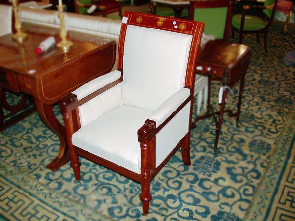 Lot image - Pair of Continental Neoclassical Marquetry Inlaid Mahogany Bergeres