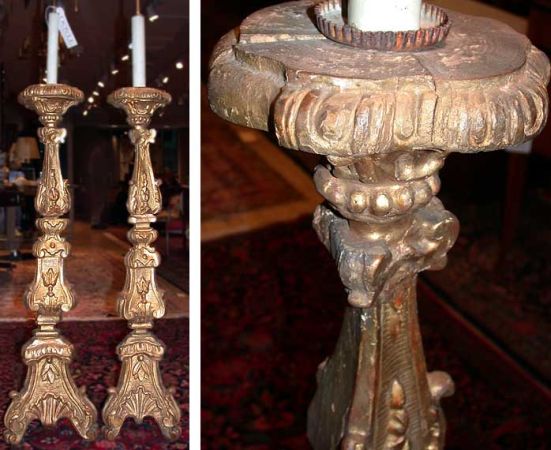 Lot image - Pair of Continental Baroque Gilt-Wood Pricket Candlesticks