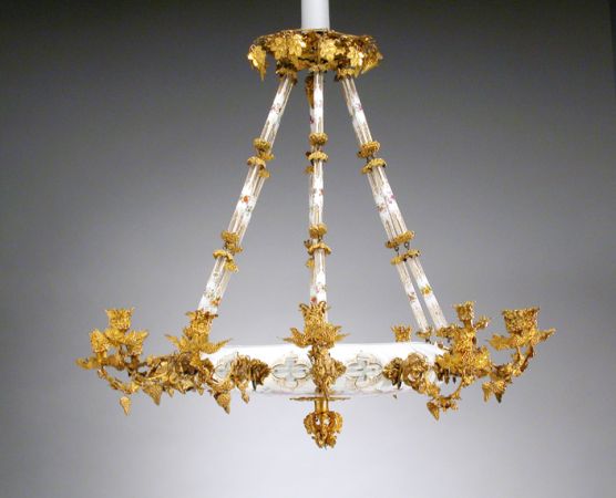 Lot image - Biedermeier Gilt-Metal Mounted Painted White Overlaid Glass Twelve-Light Chandelier
