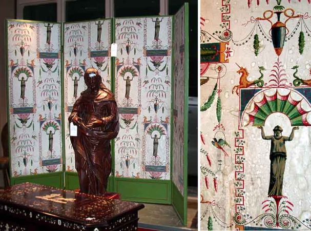 Lot image - Continental Neoclassical Painted Wallpaper Four-Panel Screen