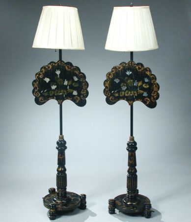 Lot image - Pair of Victorian Mother-of-Pearl Inlaid Painted and Gilt Decorated Pole Screens