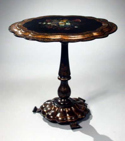 Lot image - Victorian Mother-of-Pearl Inlaid Painted and Gilt Decorated Black Papier Mache Tilt-Top Table