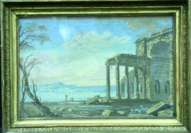 Lot image - Italian School 18th Century CAPRICCO OF RUINS BY A BAY   Gouache on paper 9 x 14 1/2 inches (28.9 x 36.8 cm.)