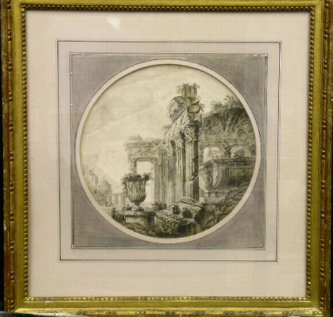 Lot image - Follower of Hubert Robert CAPRICCIO OF RUINS   Watercolor Sight of diameter 11 1/4 inches (28.6 cm.), matted as tondo