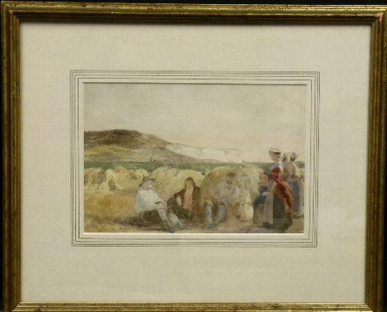 Lot image - John Absolon British, 1815-1895 LANDSCAPE WITH HARVESTERS RESTING [Recto] and A MAN SEATED, ASLEEP [Verso]: A DOUBLE SIDED...