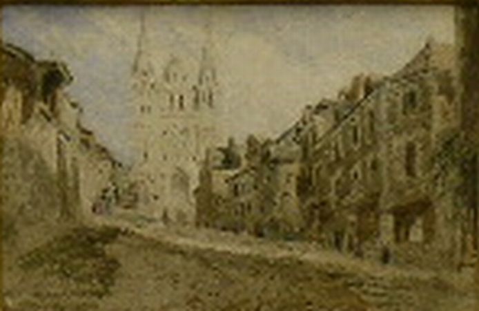 Lot image - George Robert Lewis British, 1782-1871 VIEW OF THE CATHEDRAL AT ANGERS   Watercolor Sight 3 x 5 inches (7.6 x 12.7 cm....