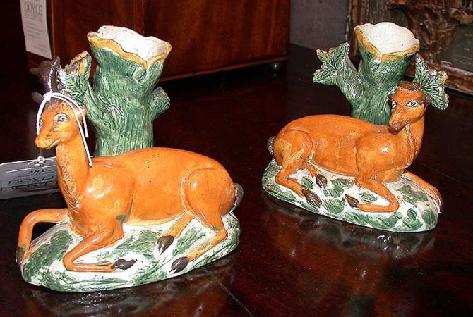 Lot image - Pair of Staffordshire Glazed Earthenware Figural Spill Vases