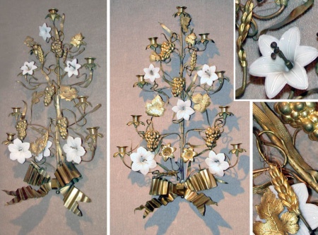 Lot image - Pair of Continental Rococo Style Gilt-Metal and Opaque Glass Eight-Light Sconces