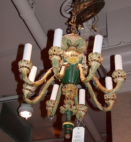 Lot image - Neoclassical Polychrome Wood Eight-Light Chandelier