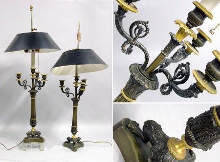 Lot image - Pair of Empire Style Gilt and Patinated-Bronze Four-Light Candelabra Each mounted as a lamp.