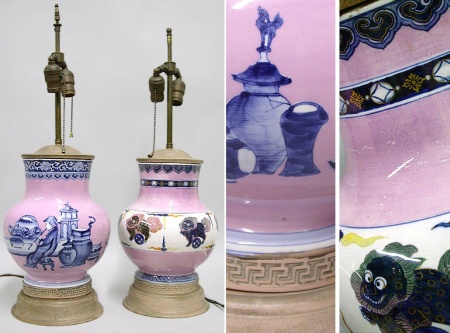 Lot image - Two Similar English Pink Glazed Porcelain Lamps