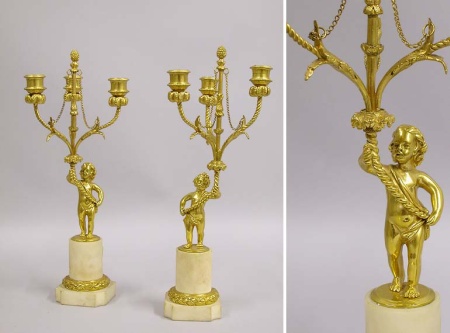 Lot image - Pair of Louis XVI Style Gilt-Bronze and Marble Three-Light Candelabra